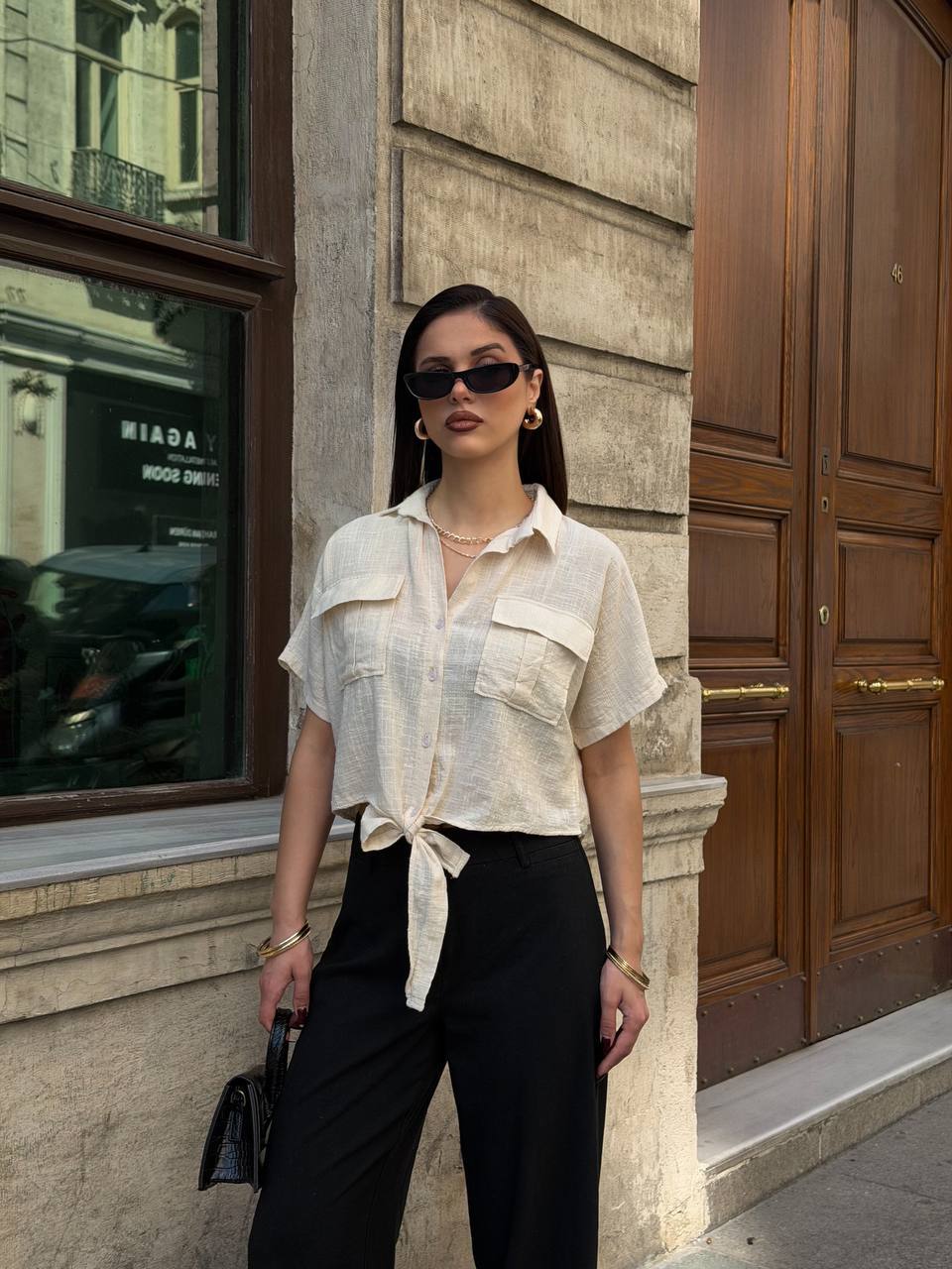 Bağlama Detaylı Keten Gömlek Bluz – Oversize Yazlık Kadın Bluz