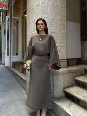 Dökümlü Modal Elbise – Yarasa Kol Detaylı Şık Maxi Kadın Elbise