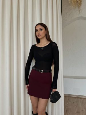 Şortlu Kemerli Bordo Mini Etek – Yüksek Bel Şık Kadın Etek