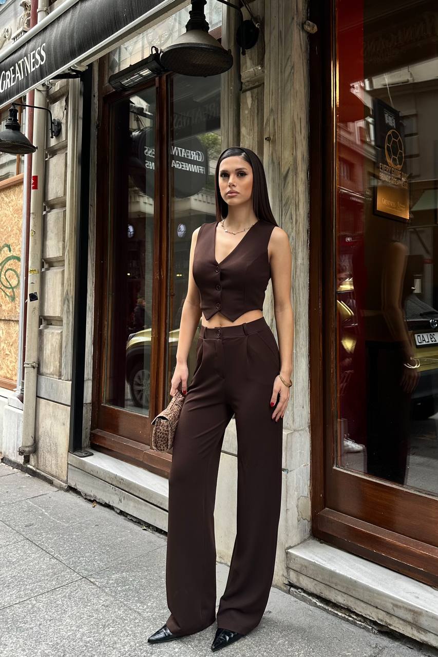 Yelekli Acı Kahve Takım – Şık Kadın Pantolon Takım