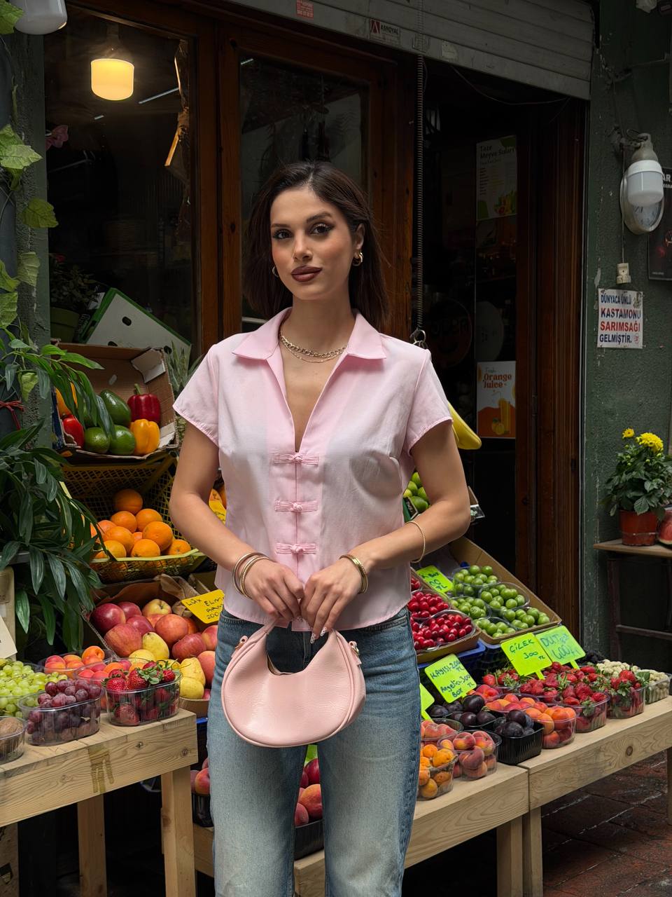 Vintage Düğme Detaylı Crop Kadın Bluz – Yazlık Şık Günlük Bluz - Görsel 2