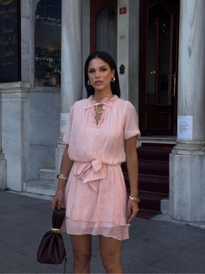 Yaka Fırfırlı Kuşaklı Mini Elbise - Pembe